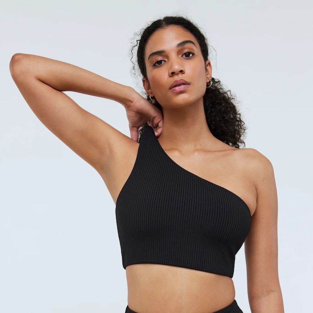 Madewell NWT Ribbed One-Shoulder Longline Bikini Top Size XS in Black